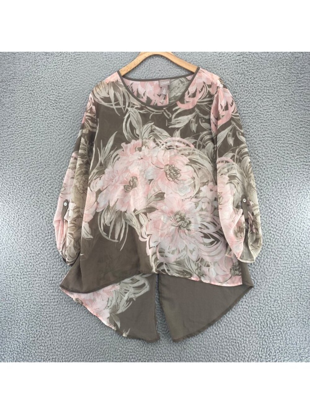 Chicos Top Womens 2 US Large Pink Brown Floral Chiffon Tunic Roll Tab Sleeves
